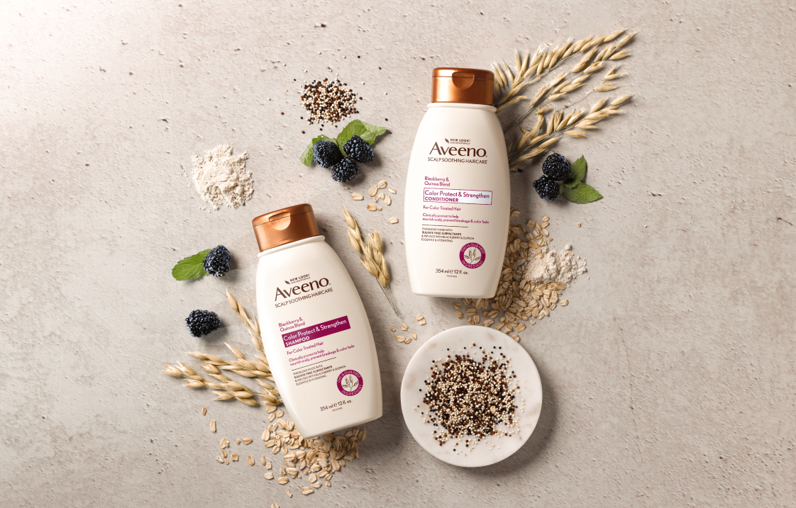 Aveeno® Color Protect & Strengthen Blackberry Quinoa Protein Blend haircare set to color care and restore