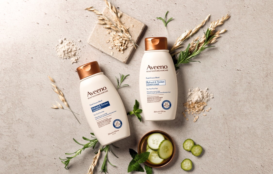 Aveeno® Refresh & Thicken Fresh Greens Blend haircare set for thickness and body for fine to medium hair