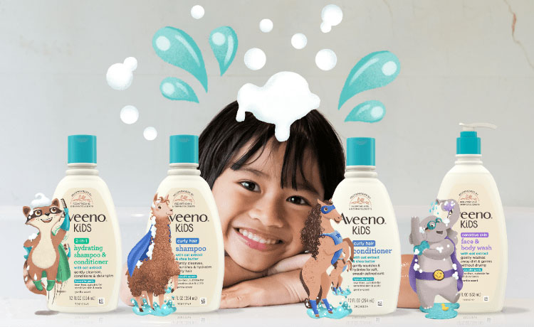 smiling kids with aveeno kids products