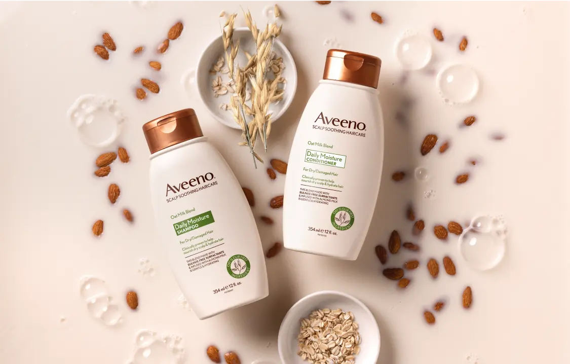 Aveeno® Daily Moisture Oat Milk Blend haircare set for daily use for an entire family