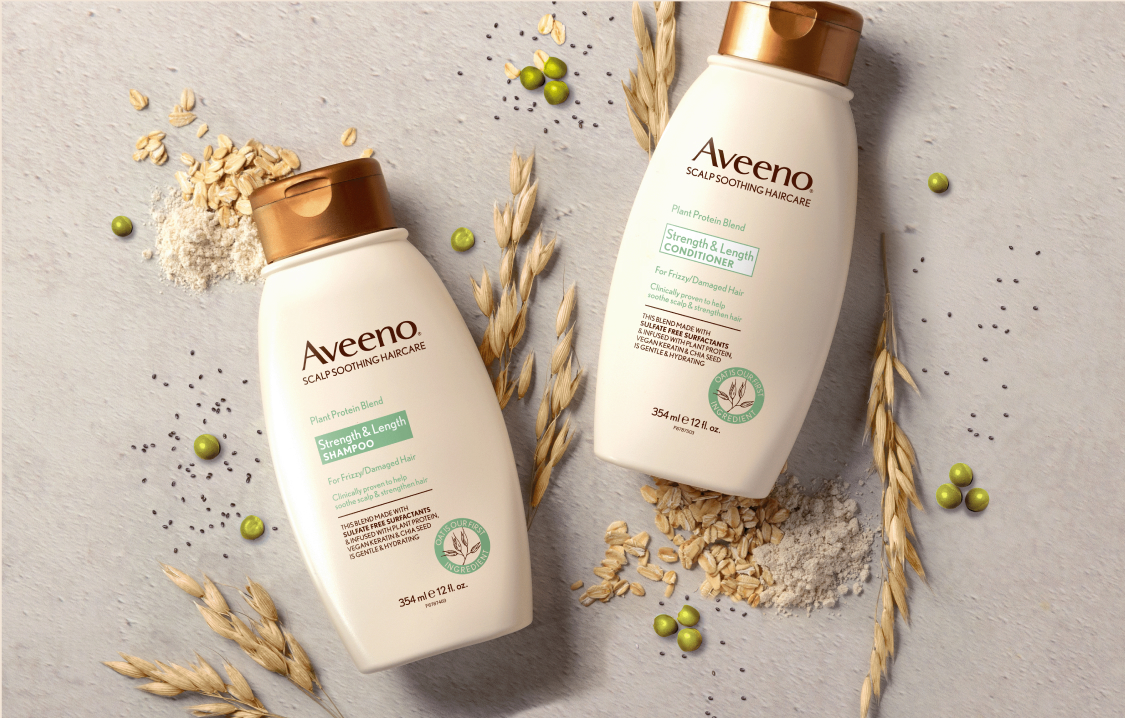 Aveeno® Strength & Length Plant Protein Blend haircare set to keep hair growing strong with fizz control 