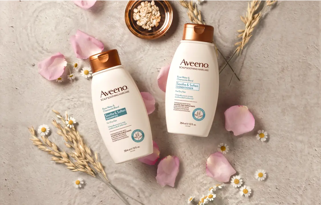 Aveeno® Soothe & Soften Rose Water & Chamomile Blend haircare set for sensitive skin and soft cleansing