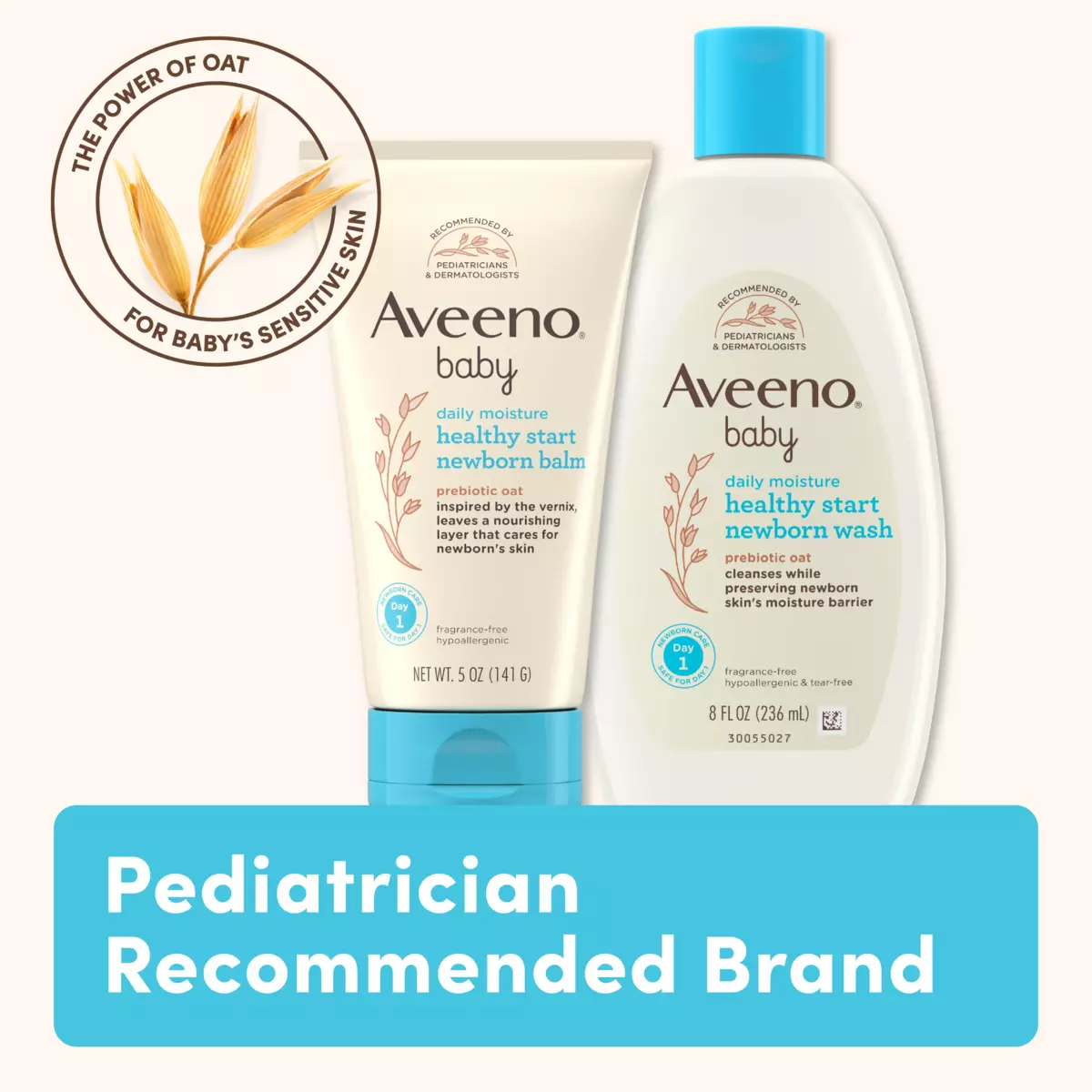 Aveeno Healthy Start Balm and Aveeno Healthy Start Wash side by side highlighting Aveeno is a pediatrician recommended brand