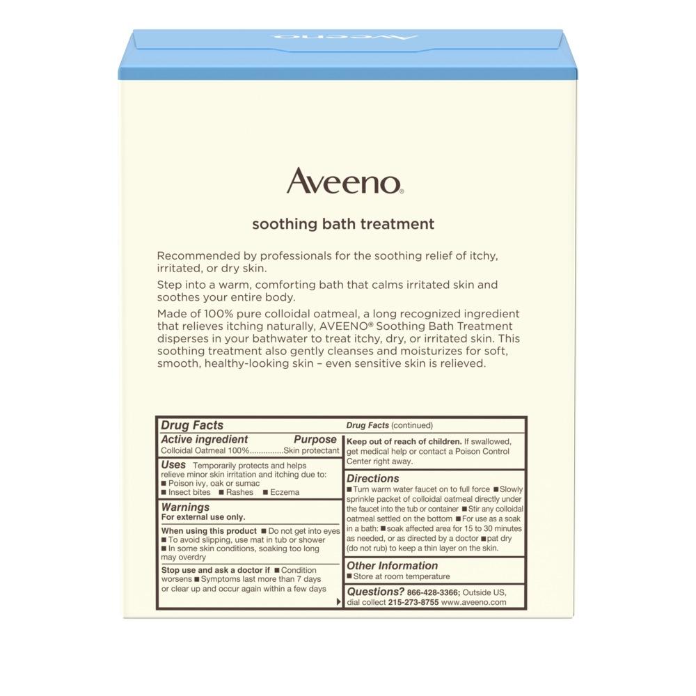 Product shot of back of aveeno soothing bath treatment ingredients. Relieve itchy skin with colloidal oatmeal