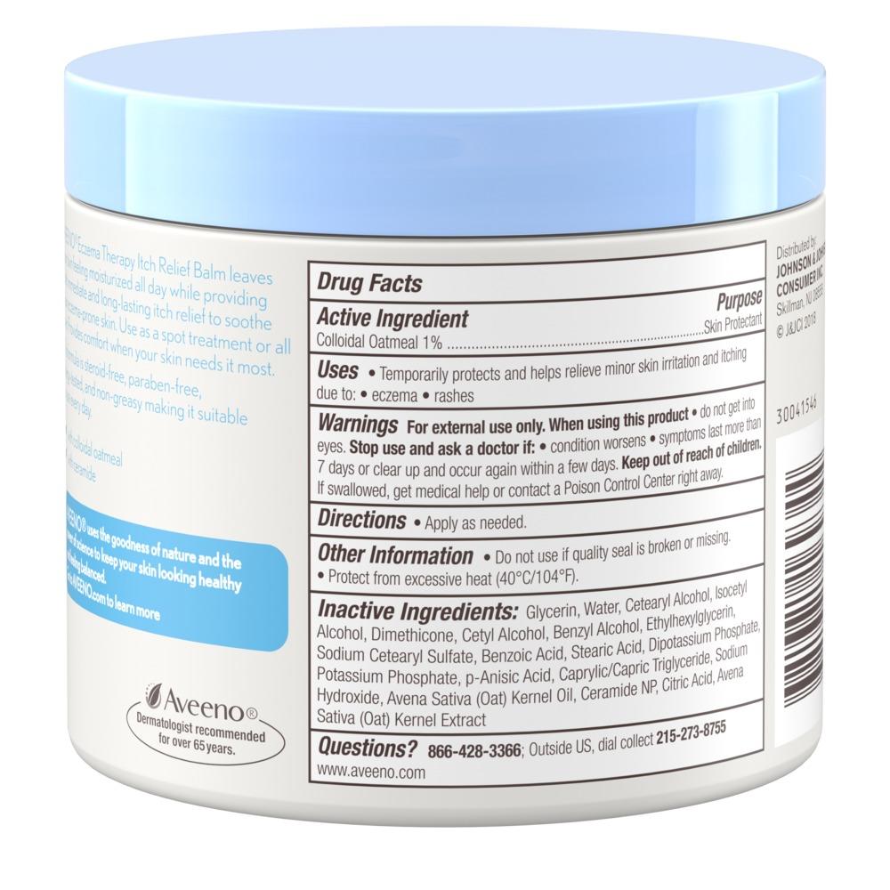 Product shot of side of aveeno eczema therapy itch relief balm ingredient list, including colloidal oatmeal and ceramide