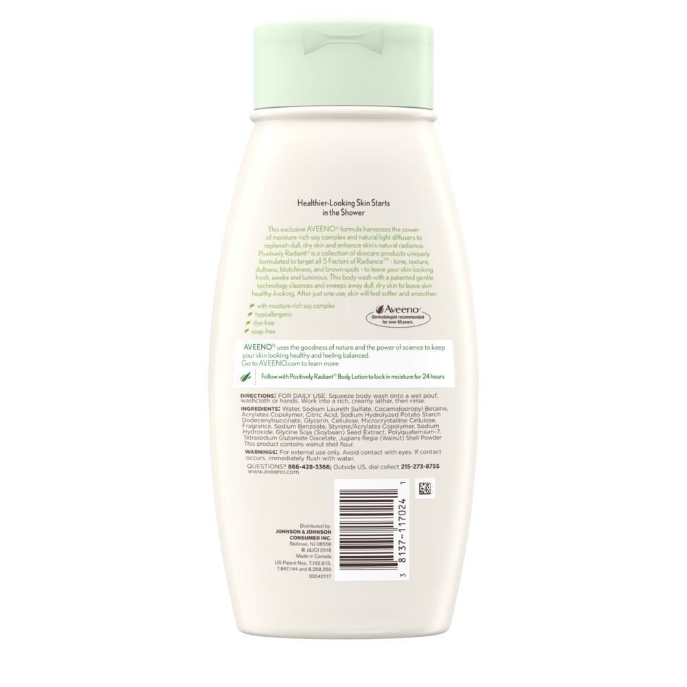 Product shot of the back of aveeno positively radiant exfoliating body wash with soy complex