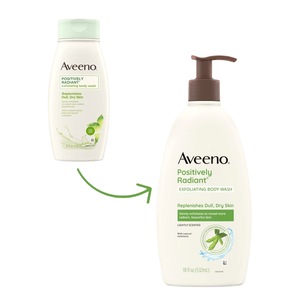 Aveeno Positively Radiant Exfoliating Body Wash Package Transition