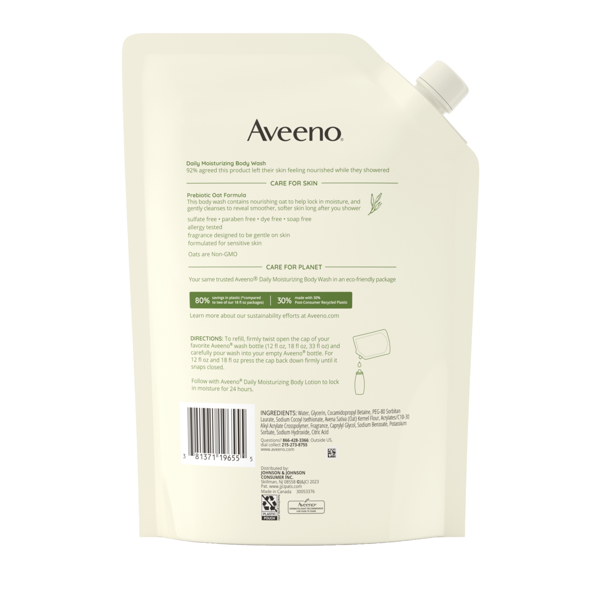 Aveeno Daily Moisturizing Body Wash Refill, Soothing Oat Front