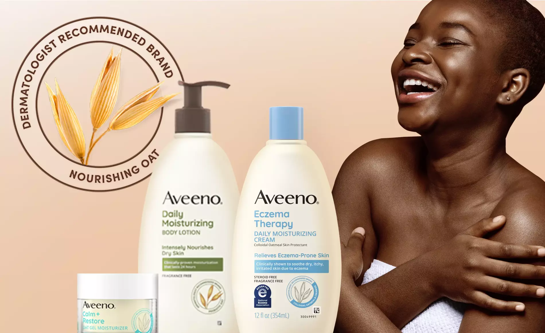 Aveeno The Secret is Oat Banner Woman Laughing with Aveeno Products